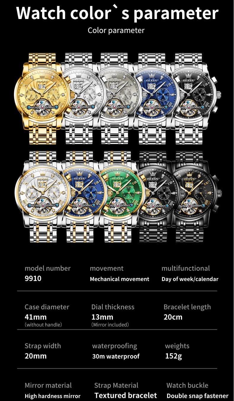 OLEVS Watches for Men Automatic Mechanical Analog Mens Watches Luxury Diamond Waterproof Mens Watch Casual Self Winding Stainless Steel Tourbillon Big Face Day Date Classic Watch for Men