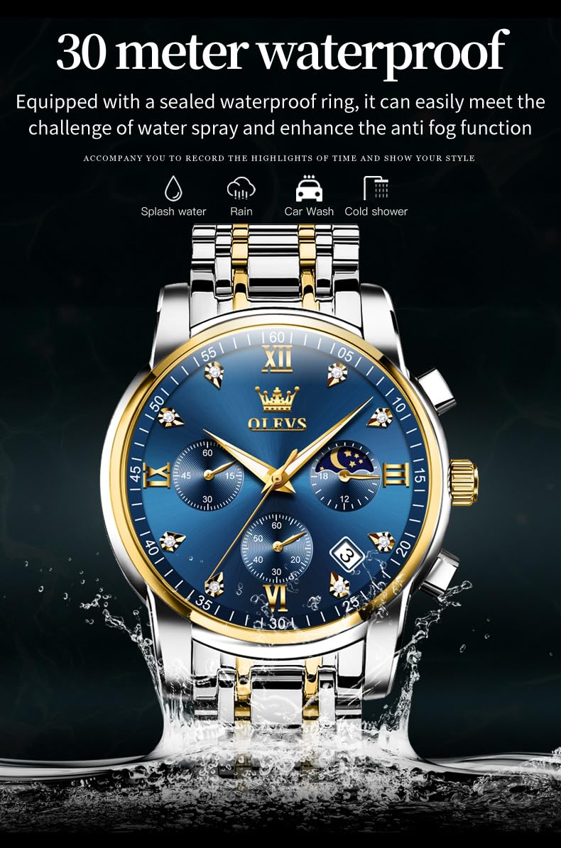 OLEVS Watch for Men Diamond Business Dress Analog Quartz Stainless Steel Waterproof Luminous Date Two Tone Luxury Casual Wrist Watch