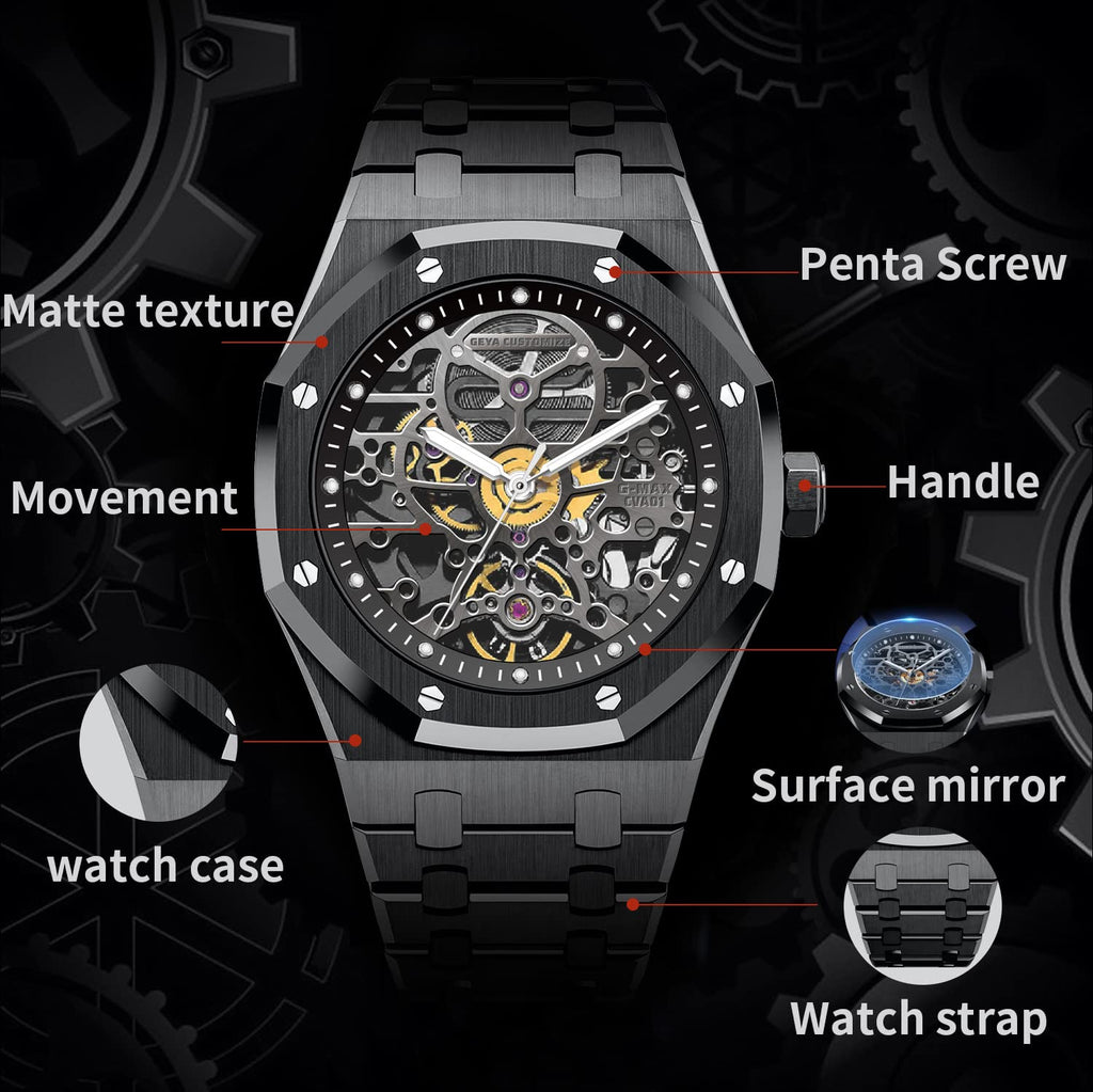 Redhai Automatic Mechanical Watch Skeleton Stainless 50M Waterproof Anti Shock Casual Diver Men Wrist Watch Sterling Watches Chronograph Analog Business Casual Fashion Adjustable Silicone Band