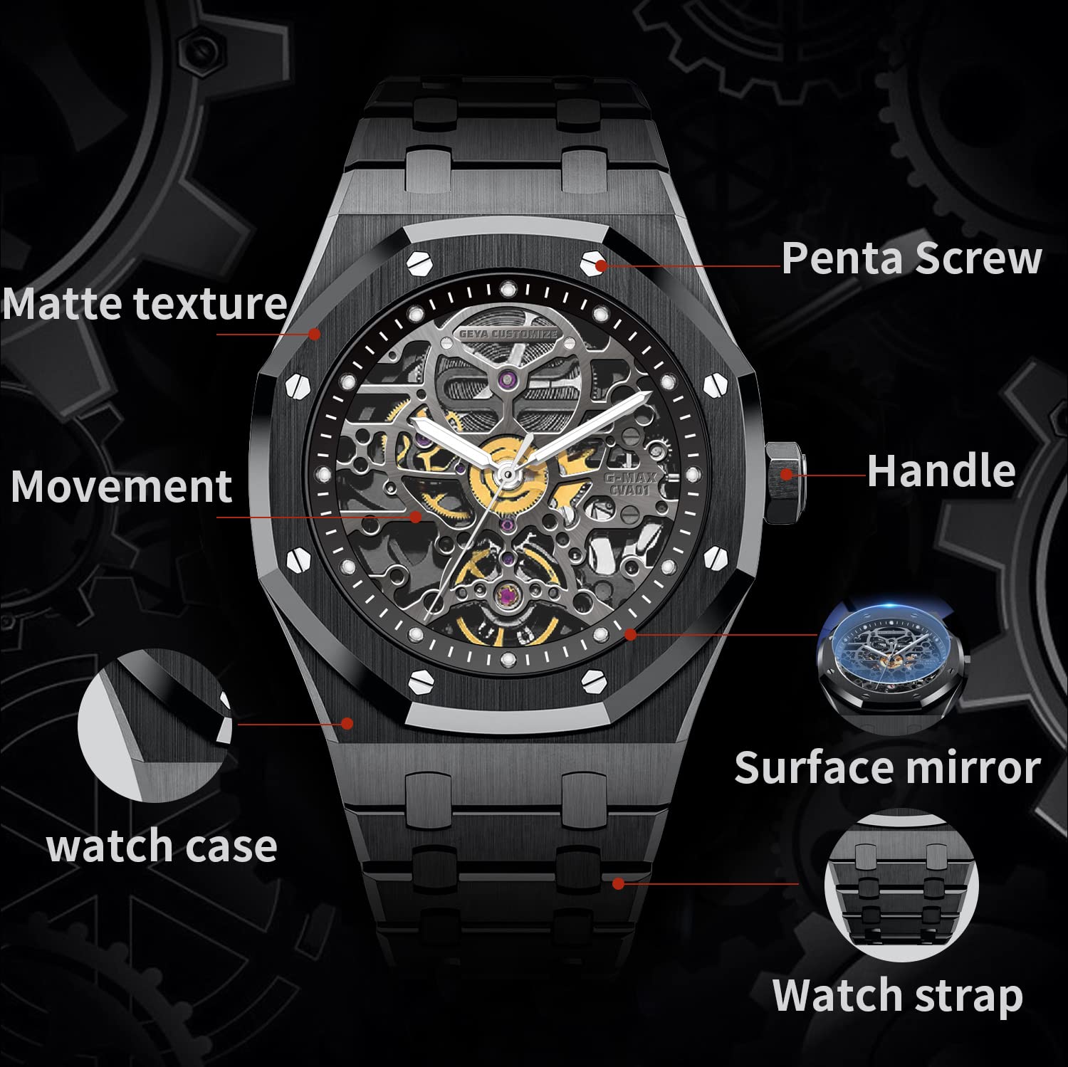 Redhai Automatic Mechanical Watch Skeleton Stainless 50M Waterproof Anti Shock Casual Diver Men Wrist Watch Sterling Watches Chronograph Analog Business Casual Fashion Adjustable Silicone Band