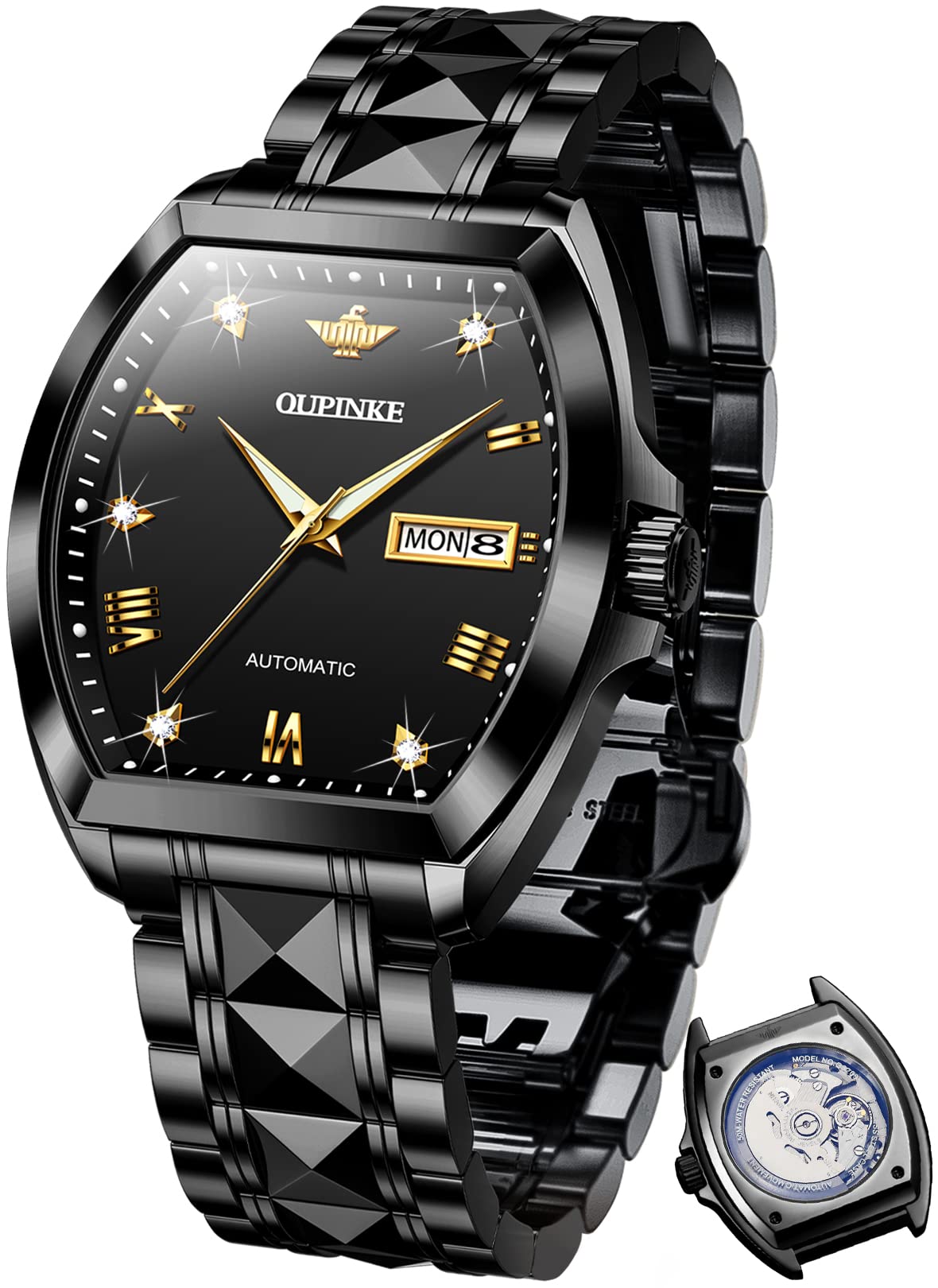 OUPINKE Mens Automatic Watch Diamond Skeleton Mechanical Self Winding Luxury Dress Wrist Watch Sapphire Crystal Tungsten