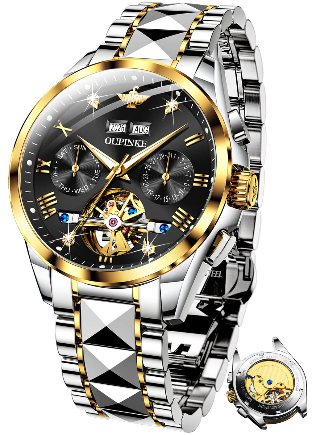 OUPINKE Mens Automatic Watch Diamond Skeleton Mechanical Self Winding Luxury Dress Wrist Watch Sapphire Crystal Tungsten