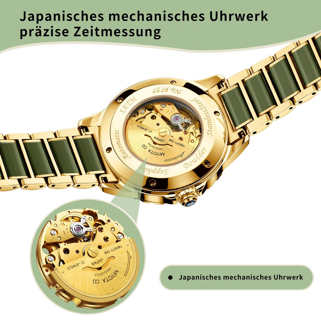 Diella Automatic Watches for Men with Jade & Stainless Steel, Rhinestones Men’s Wrist Watches Luxury Mechanical Waterproof Dress Watch (Model: AD6020)