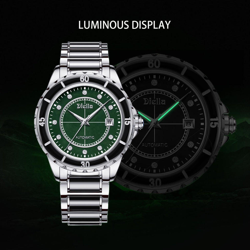Diella Automatic Watches for Men with Jade & Stainless Steel, Rhinestones Men’s Wrist Watches Luxury Mechanical Waterproof Dress Watch (Model: AD6020)