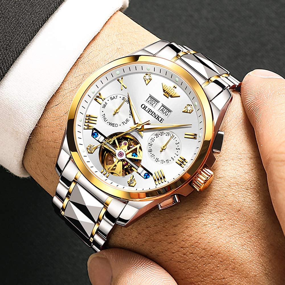 OUPINKE Mens Automatic Watch Diamond Skeleton Mechanical Self Winding Luxury Dress Wrist Watch Sapphire Crystal Tungsten
