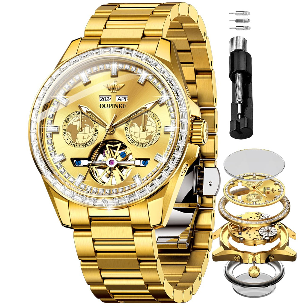 OUPINKE Mens Automatic Watches Gold Diamond Luxury Dress Self Winding Mechanical Sapphire Crystal Luminous Waterproof Mens Wrist Watch