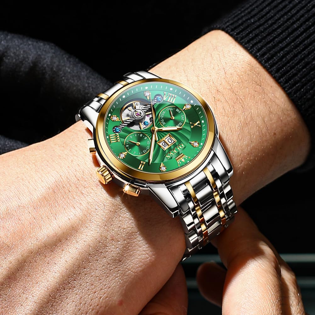 OLEVS Watches for Men Automatic Mechanical Analog Mens Watches Luxury Diamond Waterproof Mens Watch Casual Self Winding Stainless Steel Tourbillon Big Face Day Date Classic Watch for Men