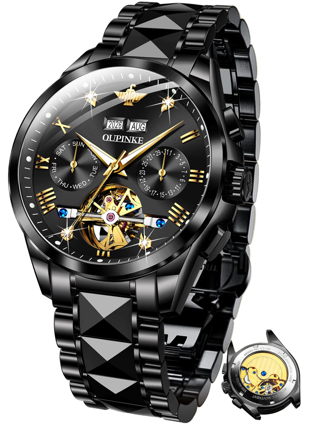 OUPINKE Mens Automatic Watch Diamond Skeleton Mechanical Self Winding Luxury Dress Wrist Watch Sapphire Crystal Tungsten