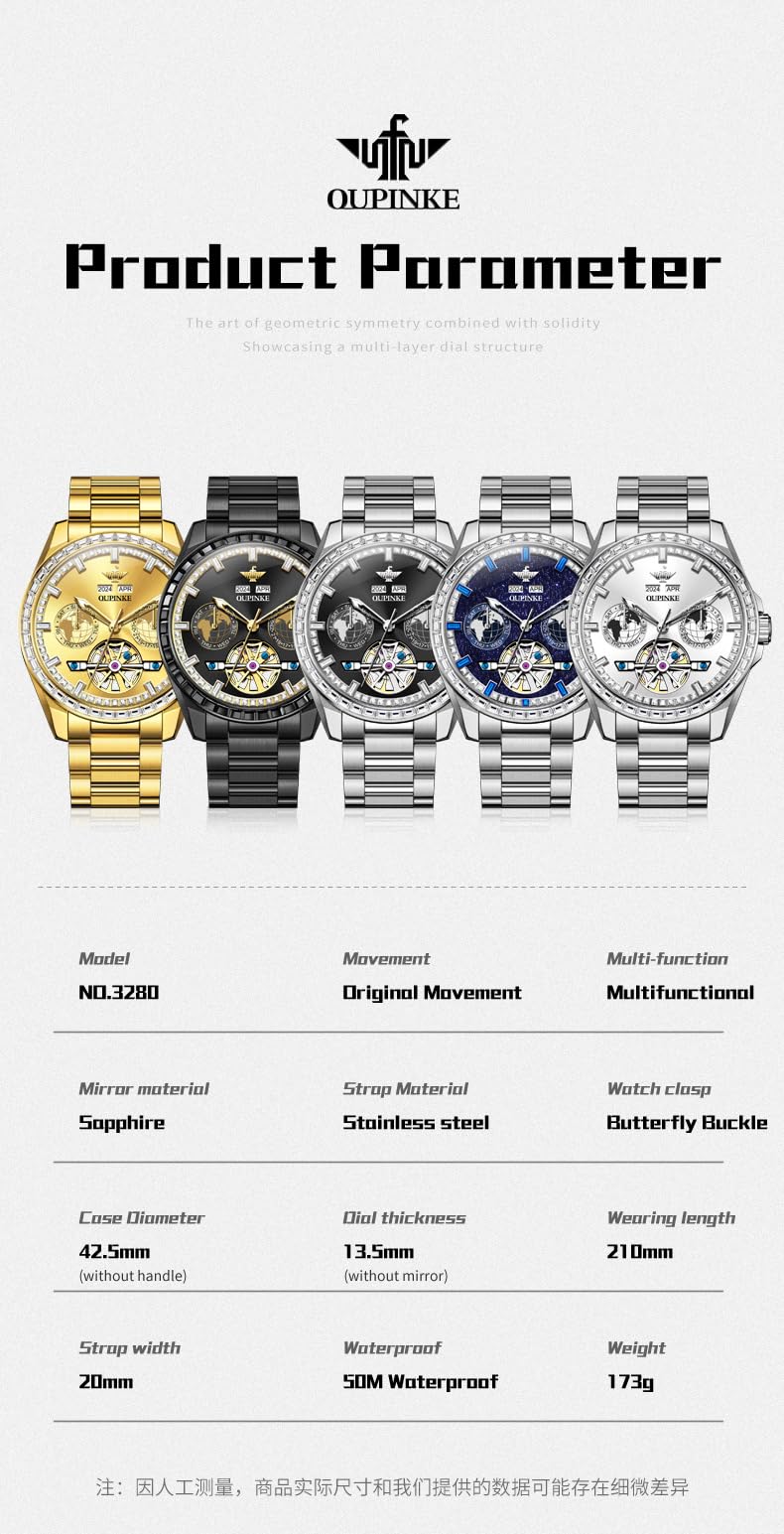 OUPINKE Mens Automatic Watches Gold Diamond Luxury Dress Self Winding Mechanical Sapphire Crystal Luminous Waterproof Mens Wrist Watch