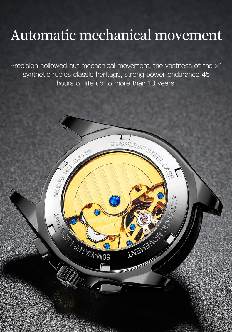 OUPINKE Mens Automatic Watch Diamond Skeleton Mechanical Self Winding Luxury Dress Wrist Watch Sapphire Crystal Tungsten