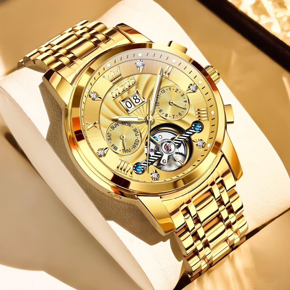 OLEVS Watches for Men Automatic Mechanical Analog Mens Watches Luxury Diamond Waterproof Mens Watch Casual Self Winding Stainless Steel Tourbillon Big Face Day Date Classic Watch for Men