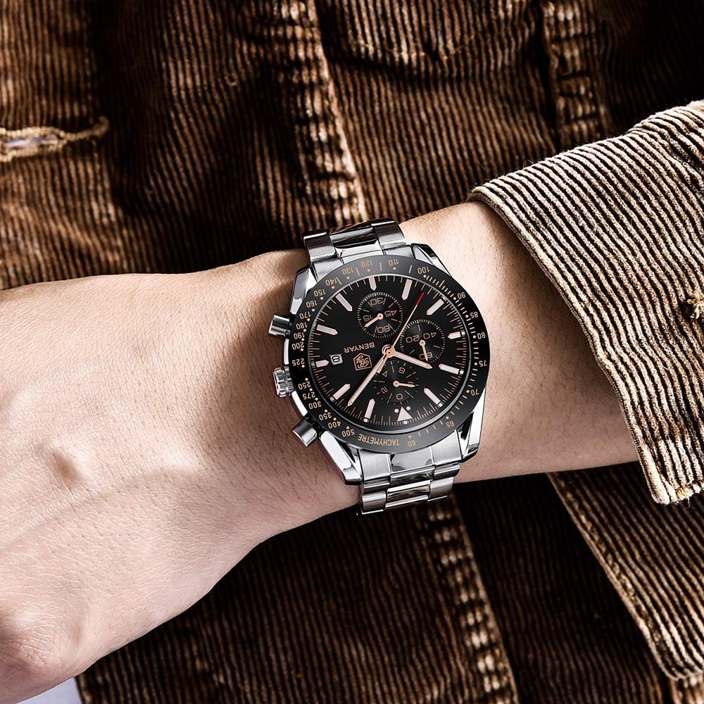 BENYAR Mens Watches Quartz Movement Chronograph Leather Strap Fashion Business Sport Design 30M Waterproof Scratch Resistant Elegant Gifts for Men