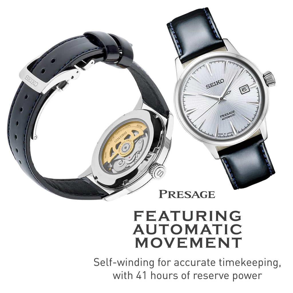 SEIKO Automatic Watch for Men - Presage Cocktail Time - Patterned with Golden Numerals and Date Calendar, 50m Water-Resistant