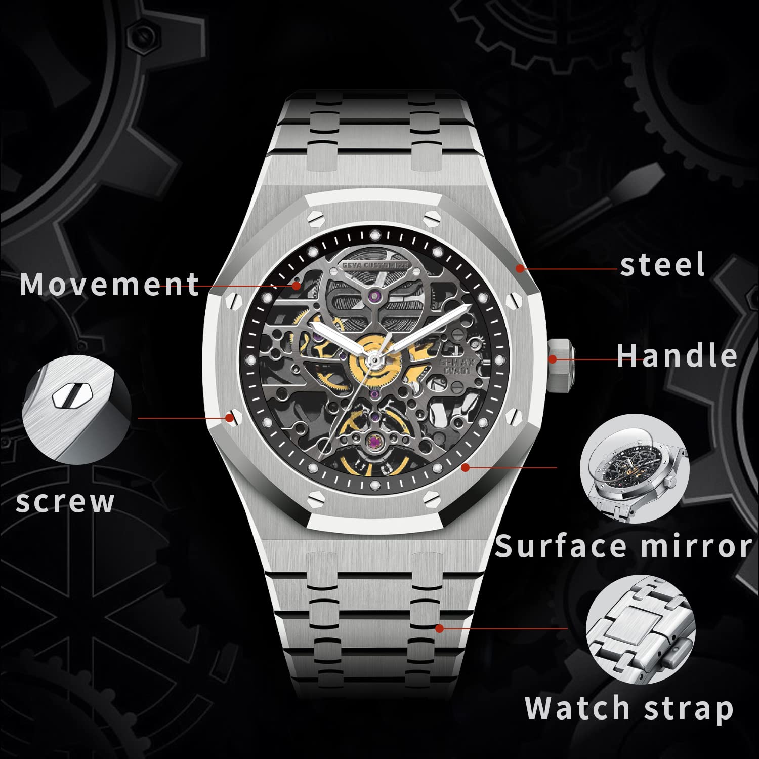 Redhai Automatic Mechanical Watch Skeleton Stainless 50M Waterproof Anti Shock Casual Diver Men Wrist Watch Sterling Watches Chronograph Analog Business Casual Fashion Adjustable Silicone Band