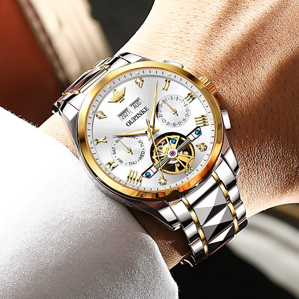 OUPINKE Mens Automatic Watch Diamond Skeleton Mechanical Self Winding Luxury Dress Wrist Watch Sapphire Crystal Tungsten