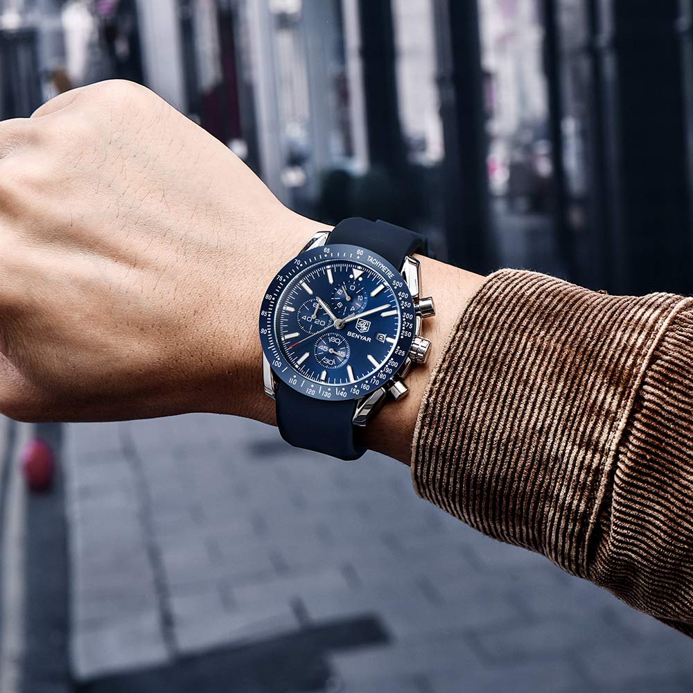 BENYAR Mens Watches Quartz Movement Chronograph Leather Strap Fashion Business Sport Design 30M Waterproof Scratch Resistant Elegant Gifts for Men