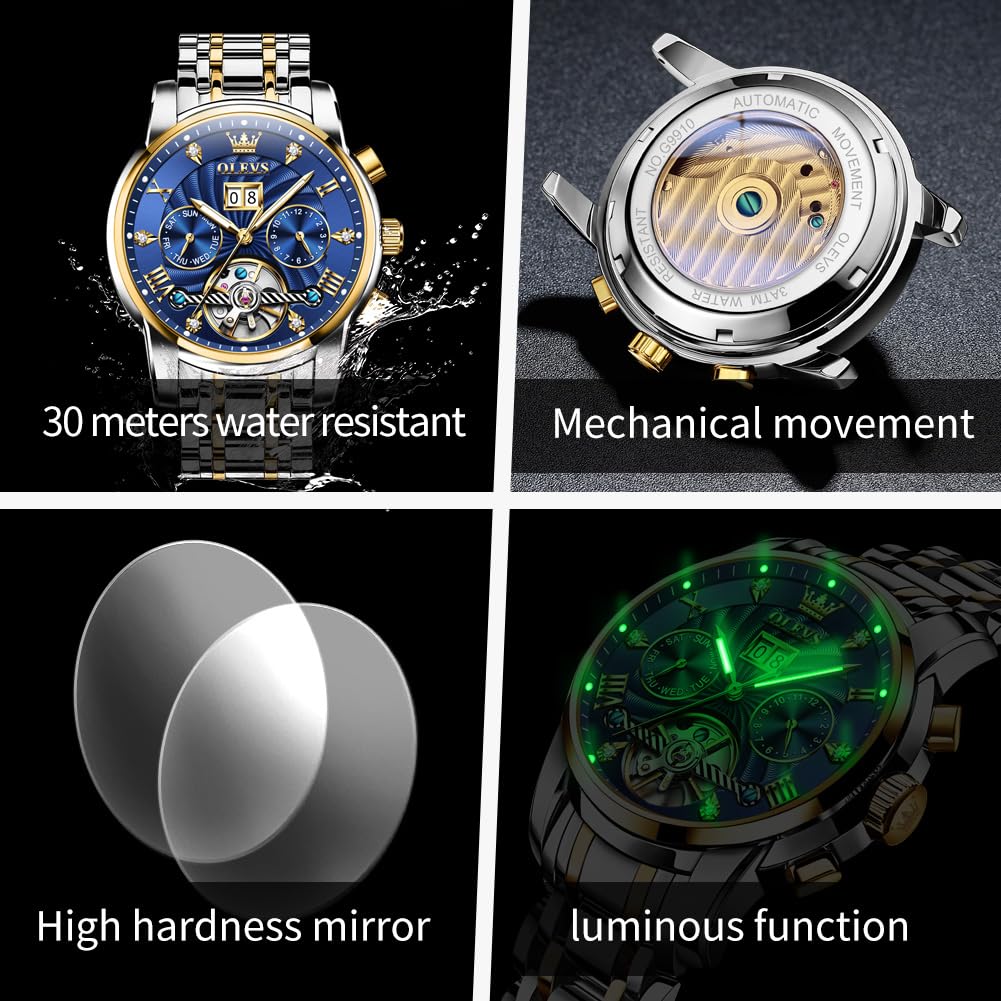 OLEVS Watches for Men Automatic Mechanical Analog Mens Watches Luxury Diamond Waterproof Mens Watch Casual Self Winding Stainless Steel Tourbillon Big Face Day Date Classic Watch for Men