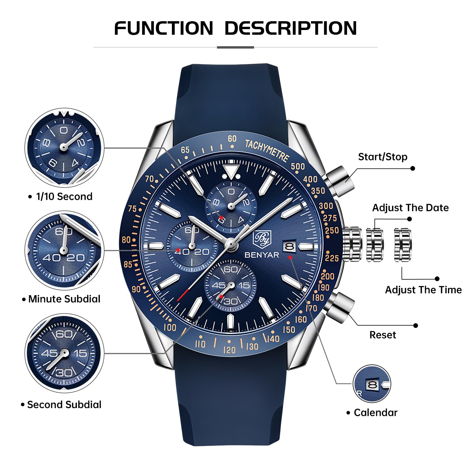 BENYAR Mens Watches Quartz Movement Chronograph Leather Strap Fashion Business Sport Design 30M Waterproof Scratch Resistant Elegant Gifts for Men