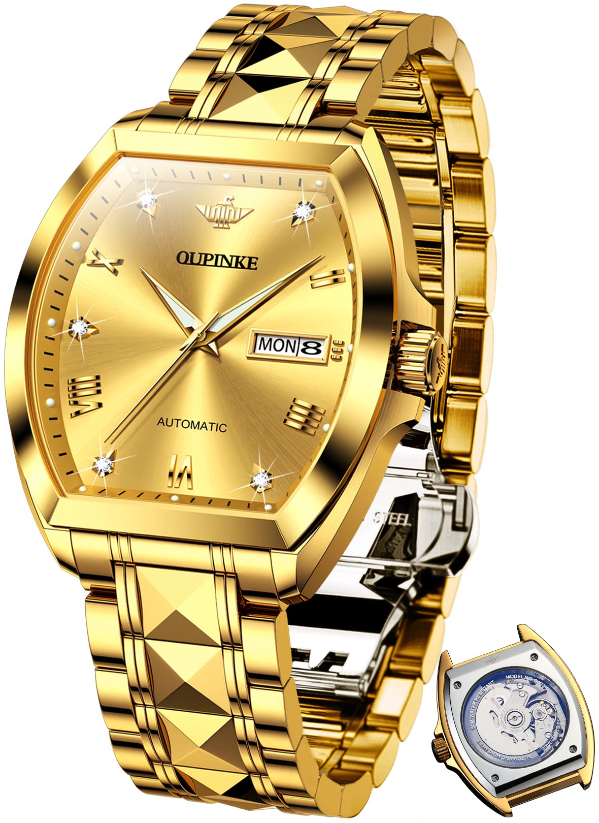 OUPINKE Mens Automatic Watch Diamond Skeleton Mechanical Self Winding Luxury Dress Wrist Watch Sapphire Crystal Tungsten