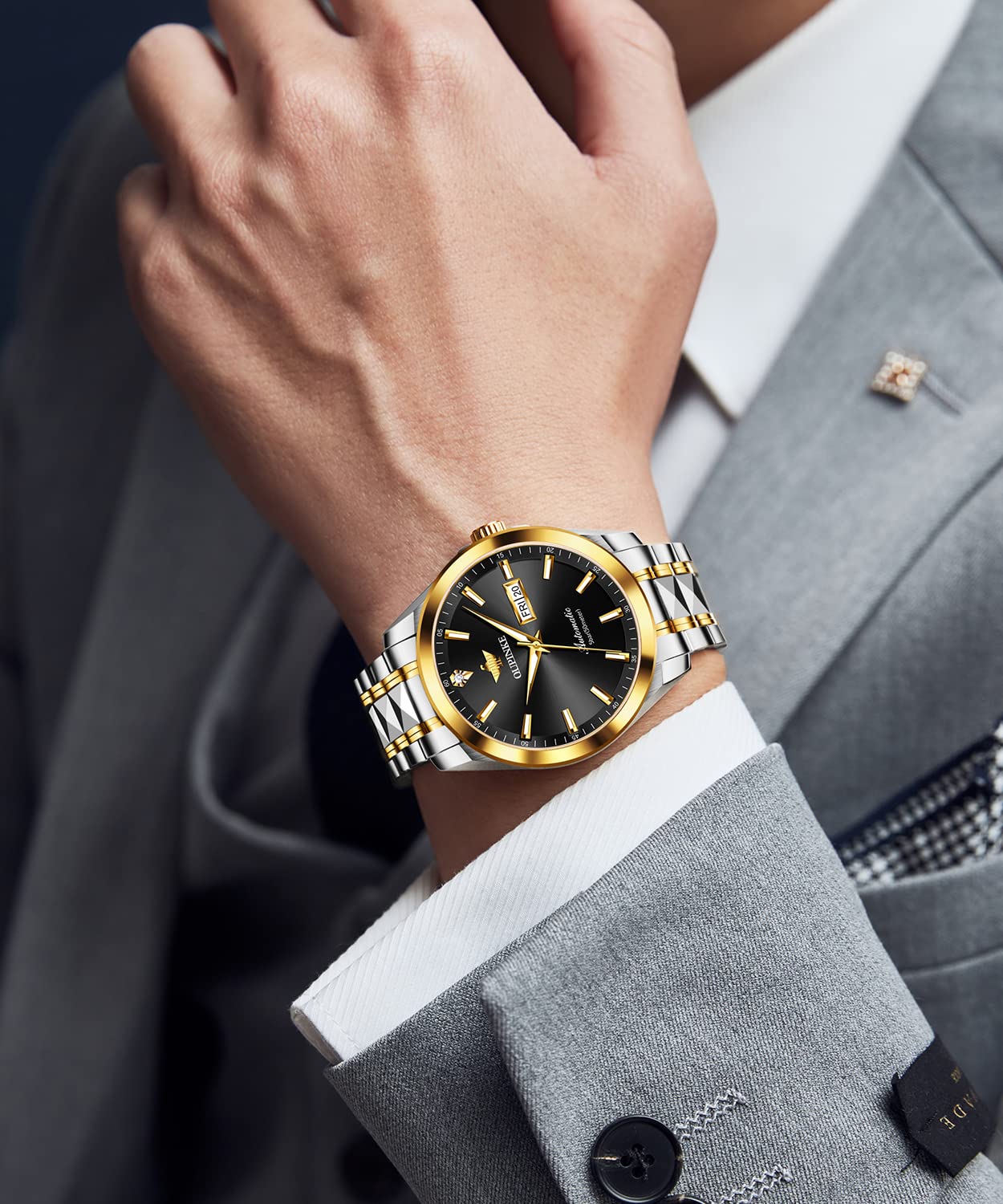 OUPINKE Mens Automatic Watches Gold Diamond Luxury Dress Self Winding Mechanical Sapphire Crystal Luminous Waterproof Mens Wrist Watch