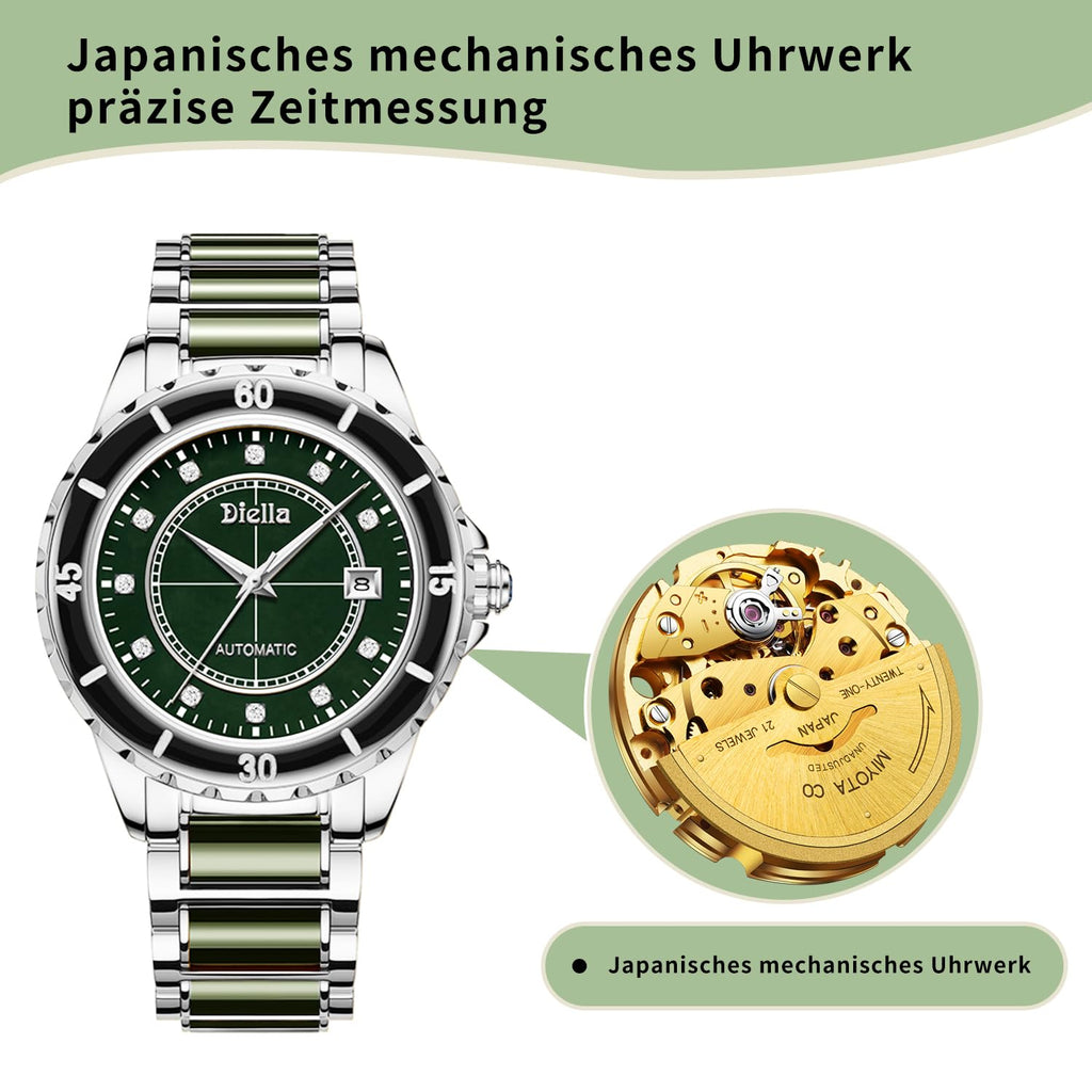 Diella Automatic Watches for Men with Jade & Stainless Steel, Rhinestones Men’s Wrist Watches Luxury Mechanical Waterproof Dress Watch (Model: AD6020)