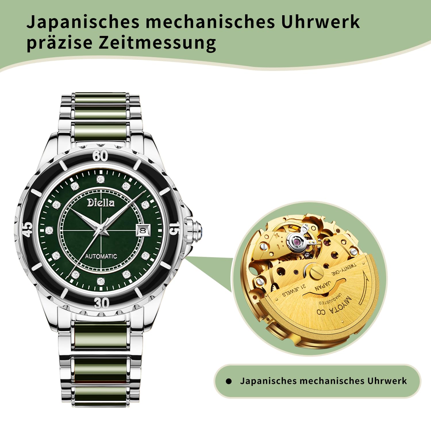 Diella Automatic Watches for Men with Jade & Stainless Steel, Rhinestones Men’s Wrist Watches Luxury Mechanical Waterproof Dress Watch (Model: AD6020)