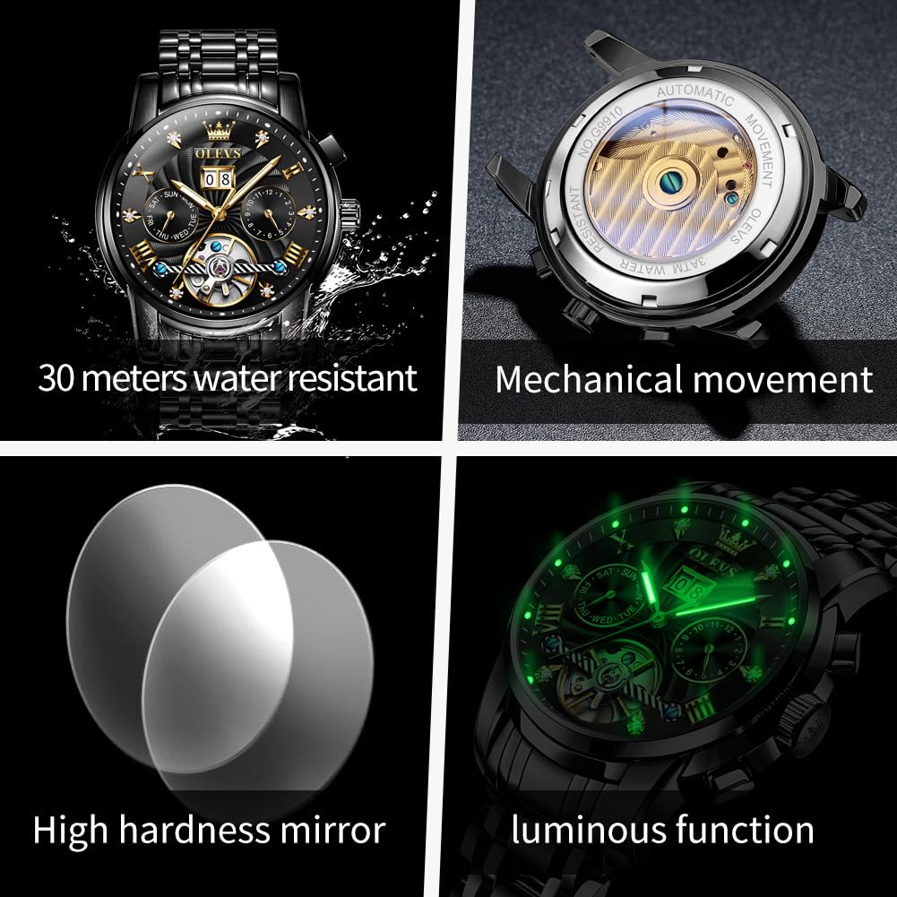 OLEVS Watches for Men Automatic Mechanical Analog Mens Watches Luxury Diamond Waterproof Mens Watch Casual Self Winding Stainless Steel Tourbillon Big Face Day Date Classic Watch for Men