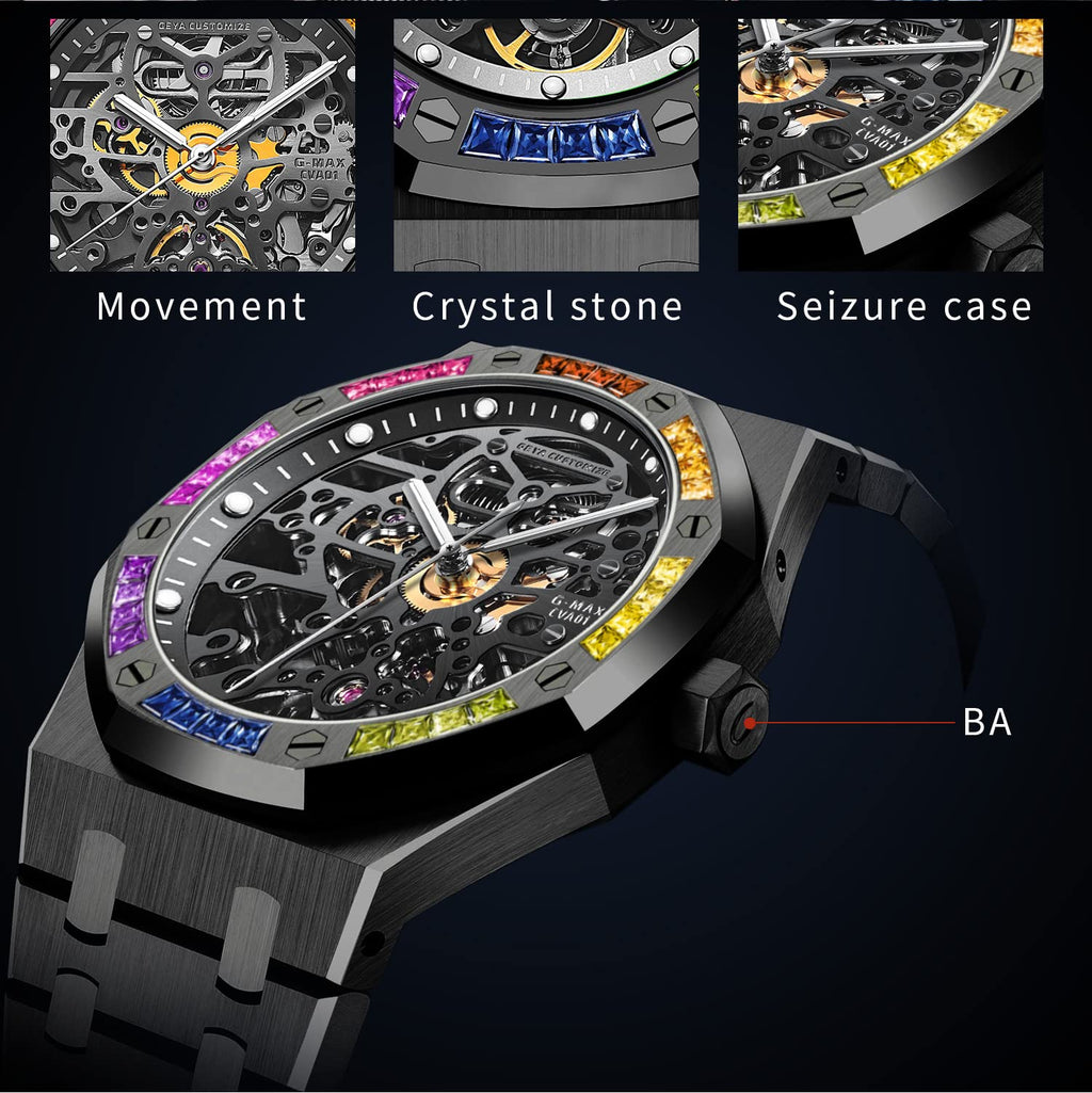 Redhai Automatic Mechanical Watch Skeleton Stainless 50M Waterproof Anti Shock Casual Diver Men Wrist Watch Sterling Watches Chronograph Analog Business Casual Fashion Adjustable Silicone Band