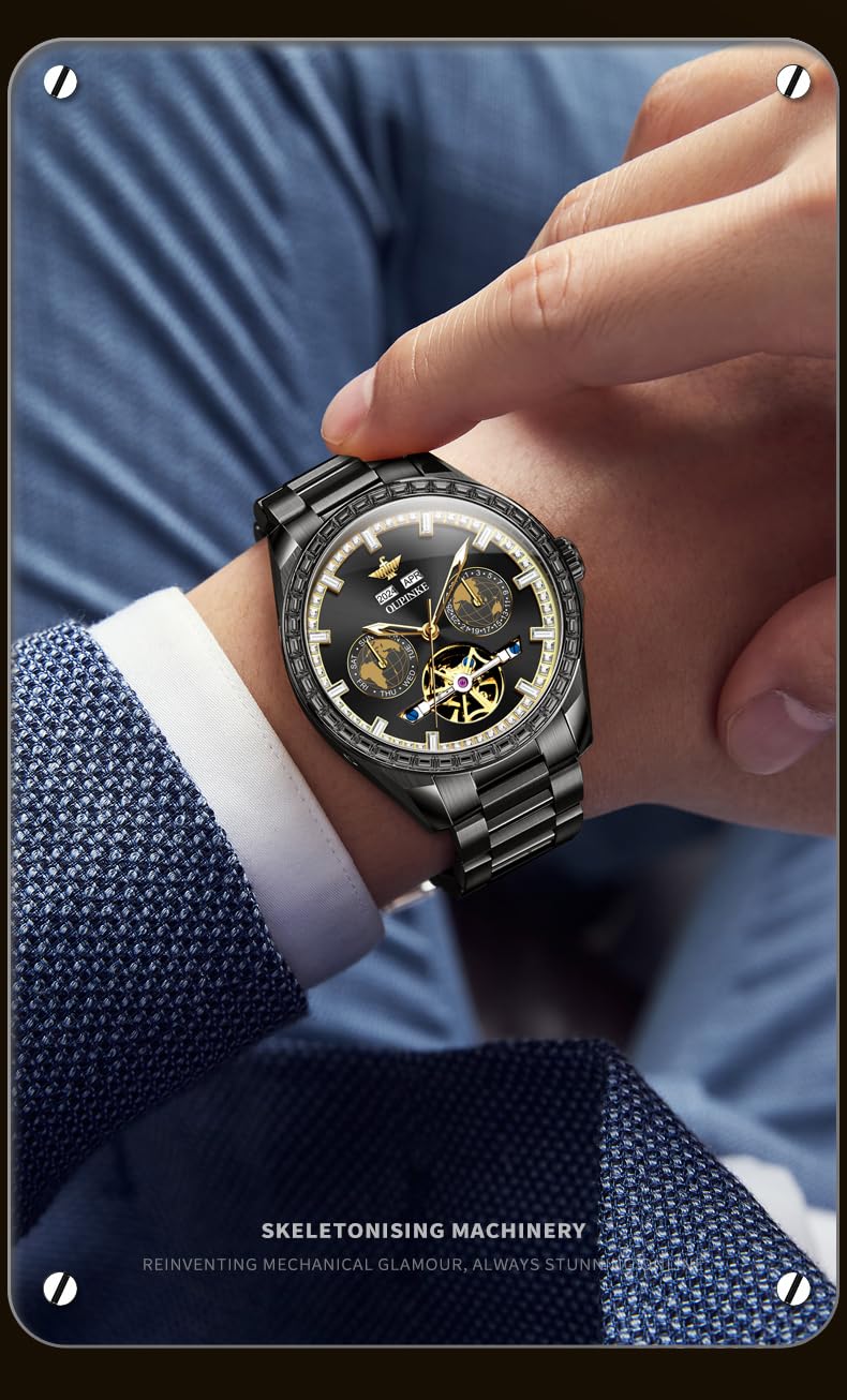 OUPINKE Mens Automatic Watches Gold Diamond Luxury Dress Self Winding Mechanical Sapphire Crystal Luminous Waterproof Mens Wrist Watch