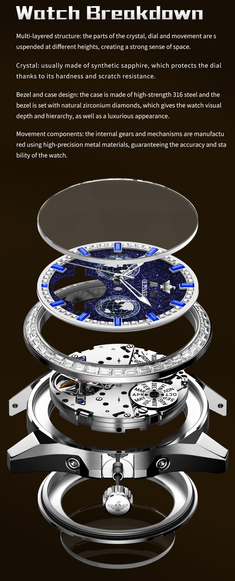 OUPINKE Mens Automatic Watches Gold Diamond Luxury Dress Self Winding Mechanical Sapphire Crystal Luminous Waterproof Mens Wrist Watch