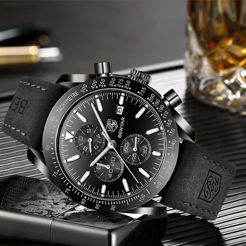 BENYAR Mens Watches Quartz Movement Chronograph Leather Strap Fashion Business Sport Design 30M Waterproof Scratch Resistant Elegant Gifts for Men