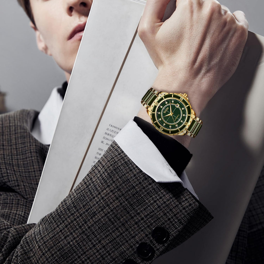 Diella Automatic Watches for Men with Jade & Stainless Steel, Rhinestones Men’s Wrist Watches Luxury Mechanical Waterproof Dress Watch (Model: AD6020)