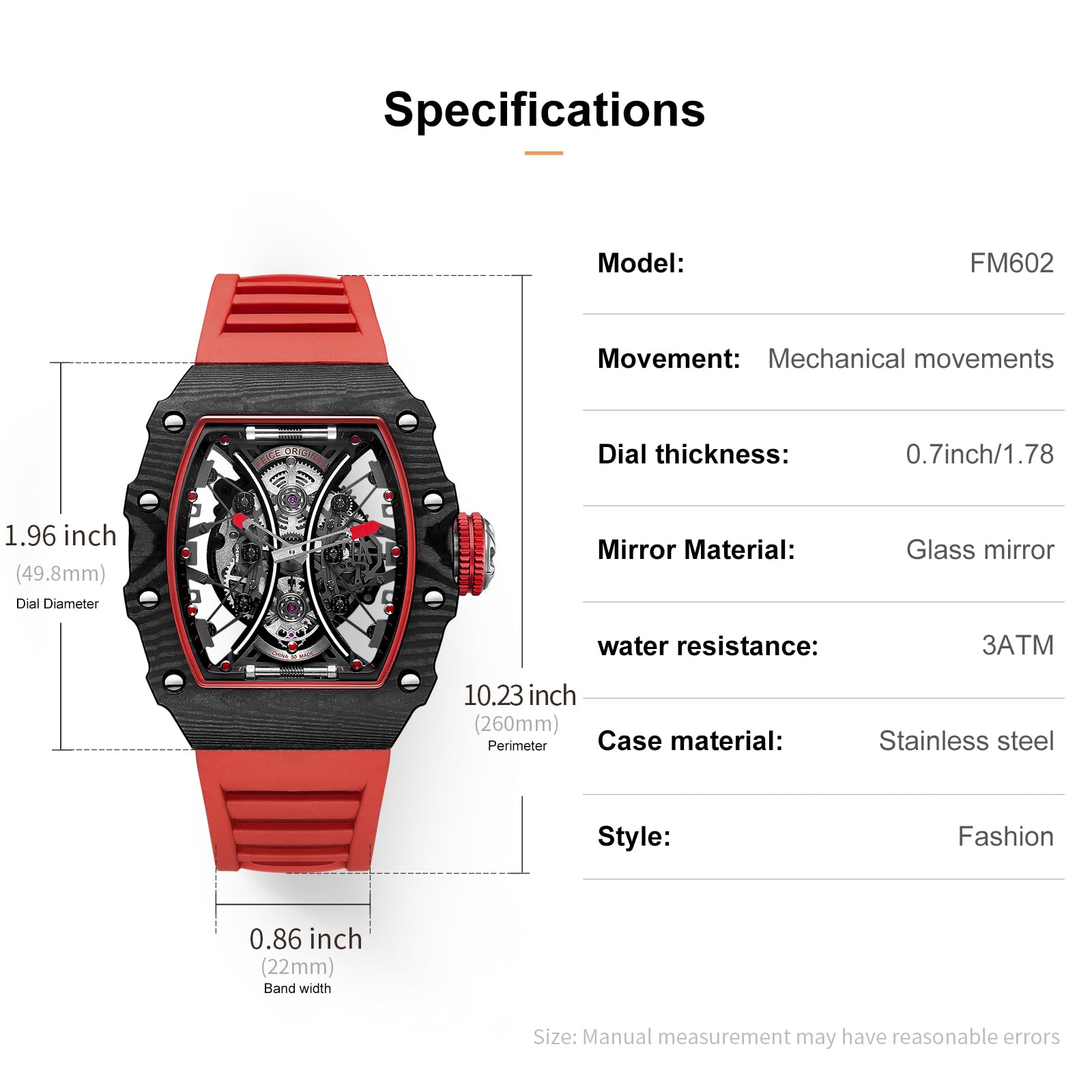 FEICE Men's Automatic Wrist Watch Sapphire Crystal Japanese Movement Skeleton Mechanical Watch Waterproof Sports Wristwatch - FM602