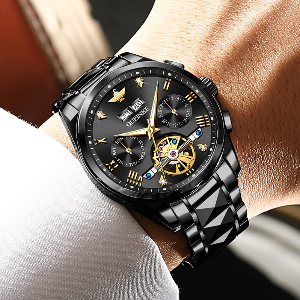 OUPINKE Mens Automatic Watch Diamond Skeleton Mechanical Self Winding Luxury Dress Wrist Watch Sapphire Crystal Tungsten