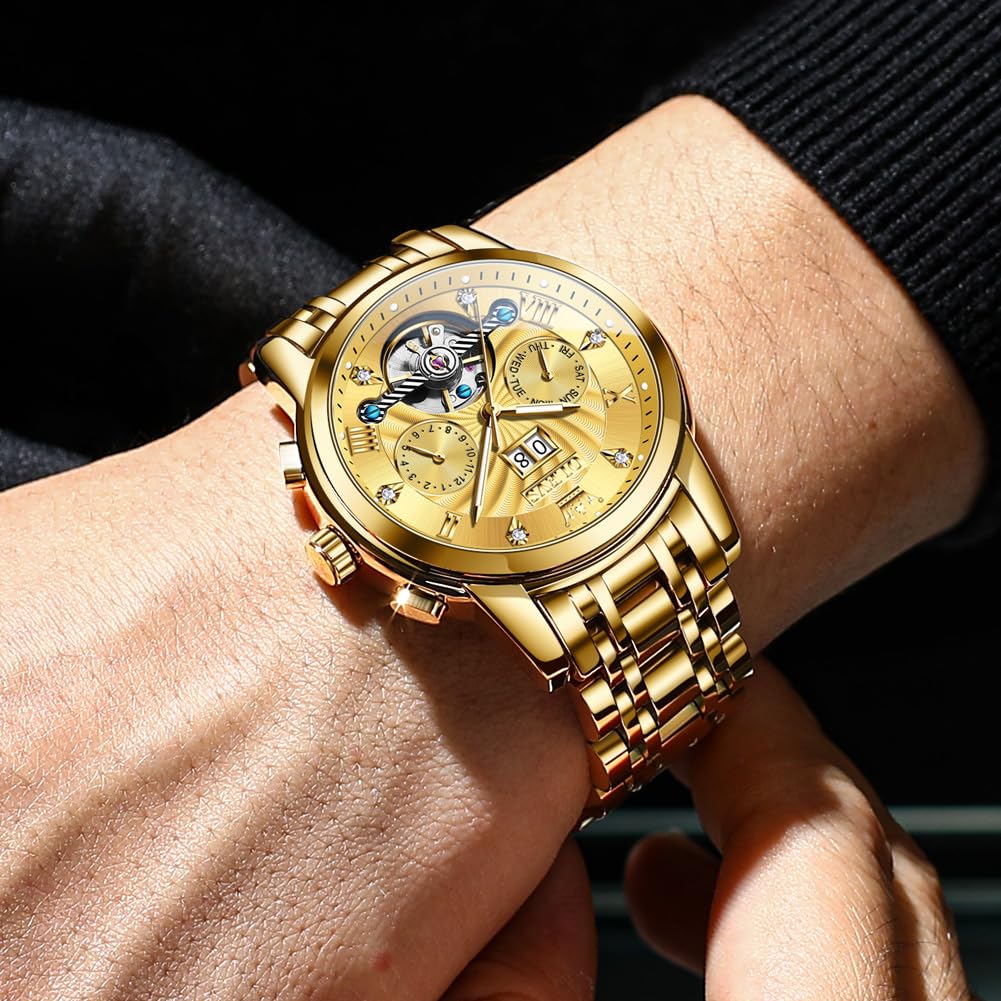 OLEVS Watches for Men Automatic Mechanical Analog Mens Watches Luxury Diamond Waterproof Mens Watch Casual Self Winding Stainless Steel Tourbillon Big Face Day Date Classic Watch for Men