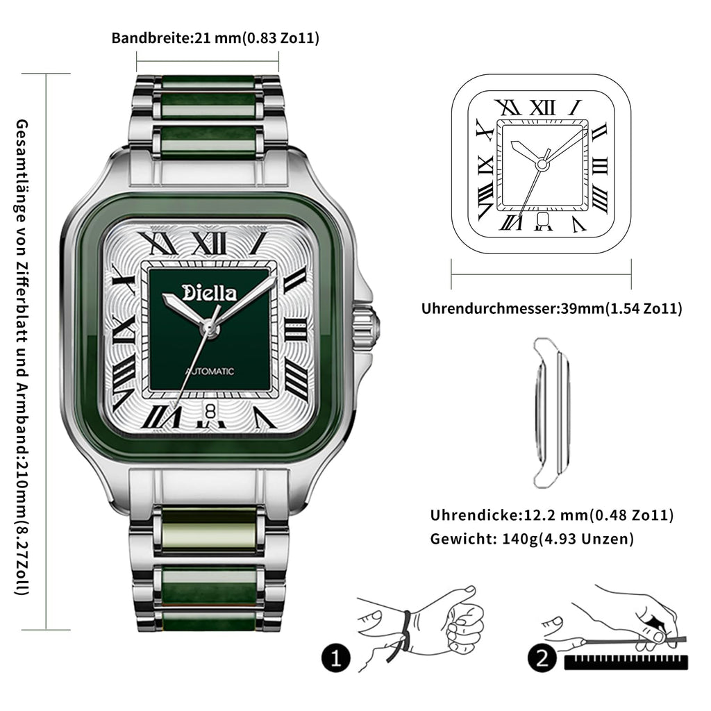 Diella Watches for Men, Mens Watches Waterproof Date Luminous, Dial is Inlaid with Emerald Jade, Crown with Sapphire Automatic Watches for Men Highend Luxurious Gift