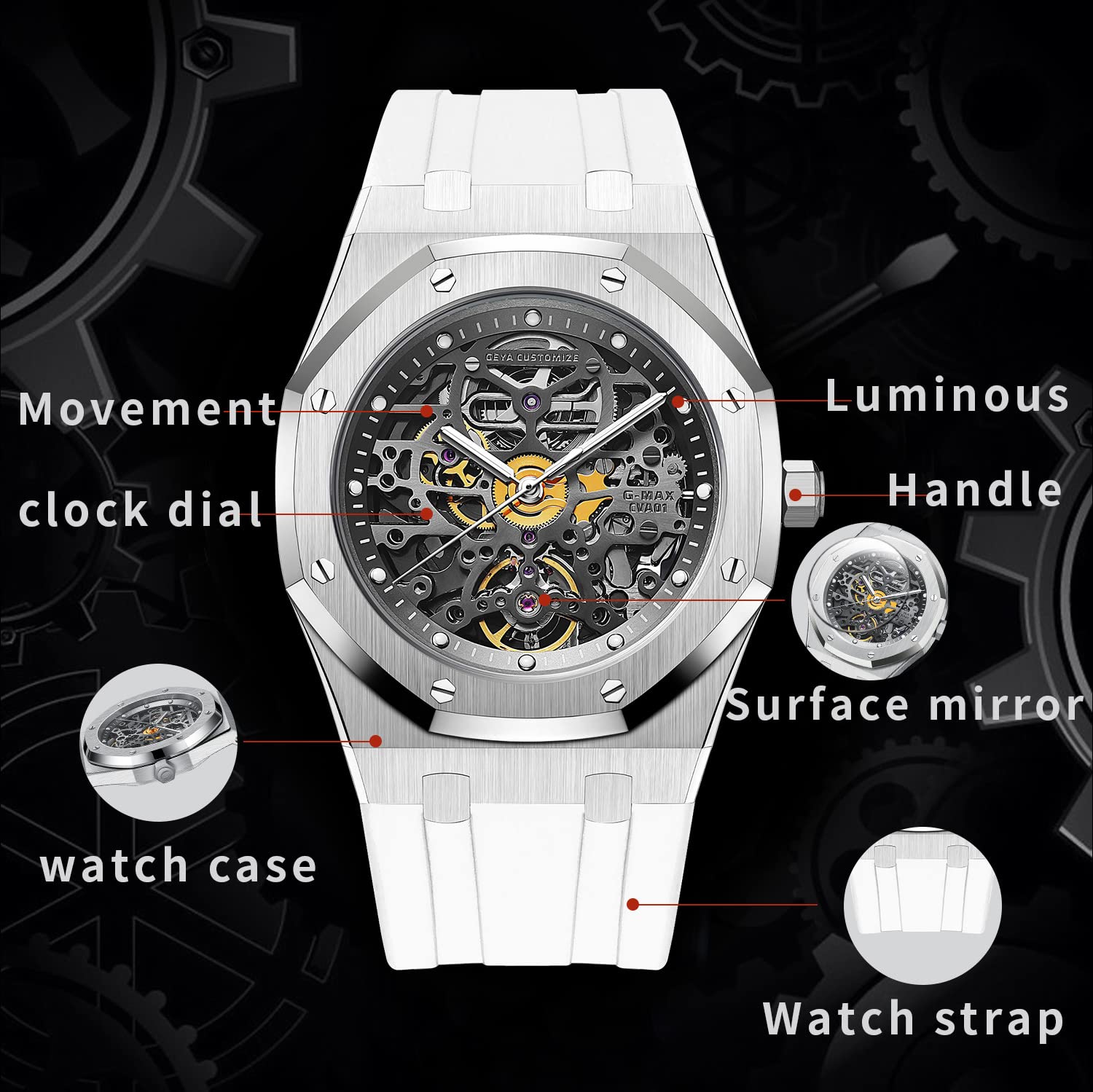 Redhai Automatic Mechanical Watch Skeleton Stainless 50M Waterproof Anti Shock Casual Diver Men Wrist Watch Sterling Watches Chronograph Analog Business Casual Fashion Adjustable Silicone Band