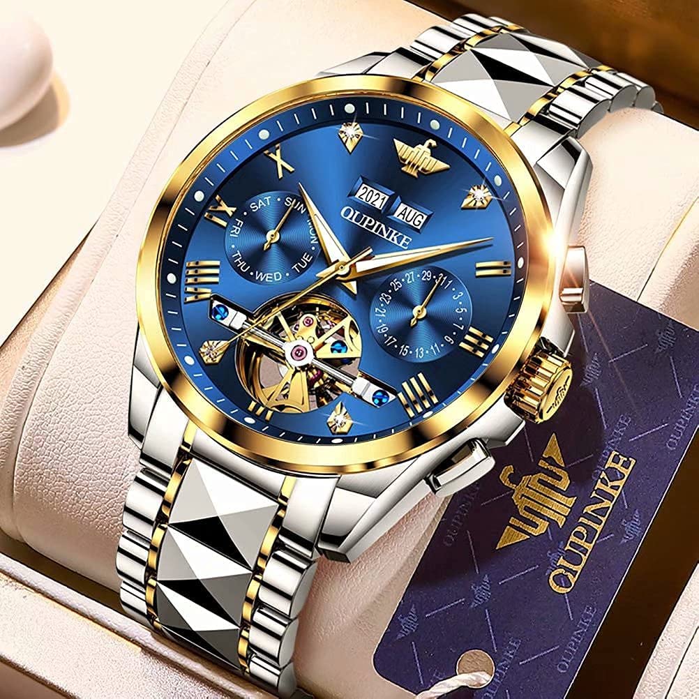 OUPINKE Mens Automatic Watch Diamond Skeleton Mechanical Self Winding Luxury Dress Wrist Watch Sapphire Crystal Tungsten