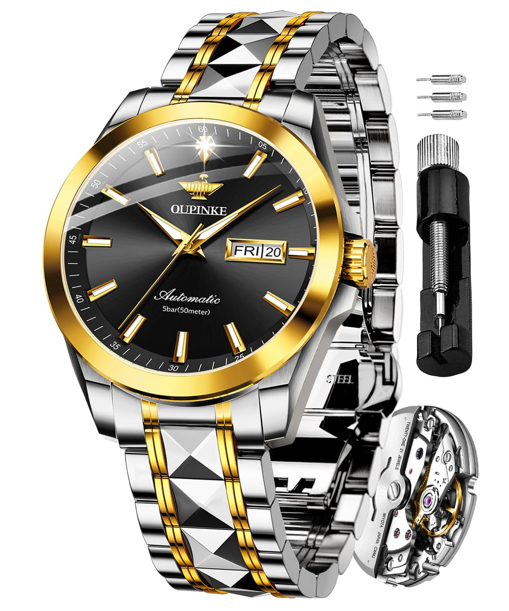 OUPINKE Mens Automatic Watches Gold Diamond Luxury Dress Self Winding Mechanical Sapphire Crystal Luminous Waterproof Mens Wrist Watch
