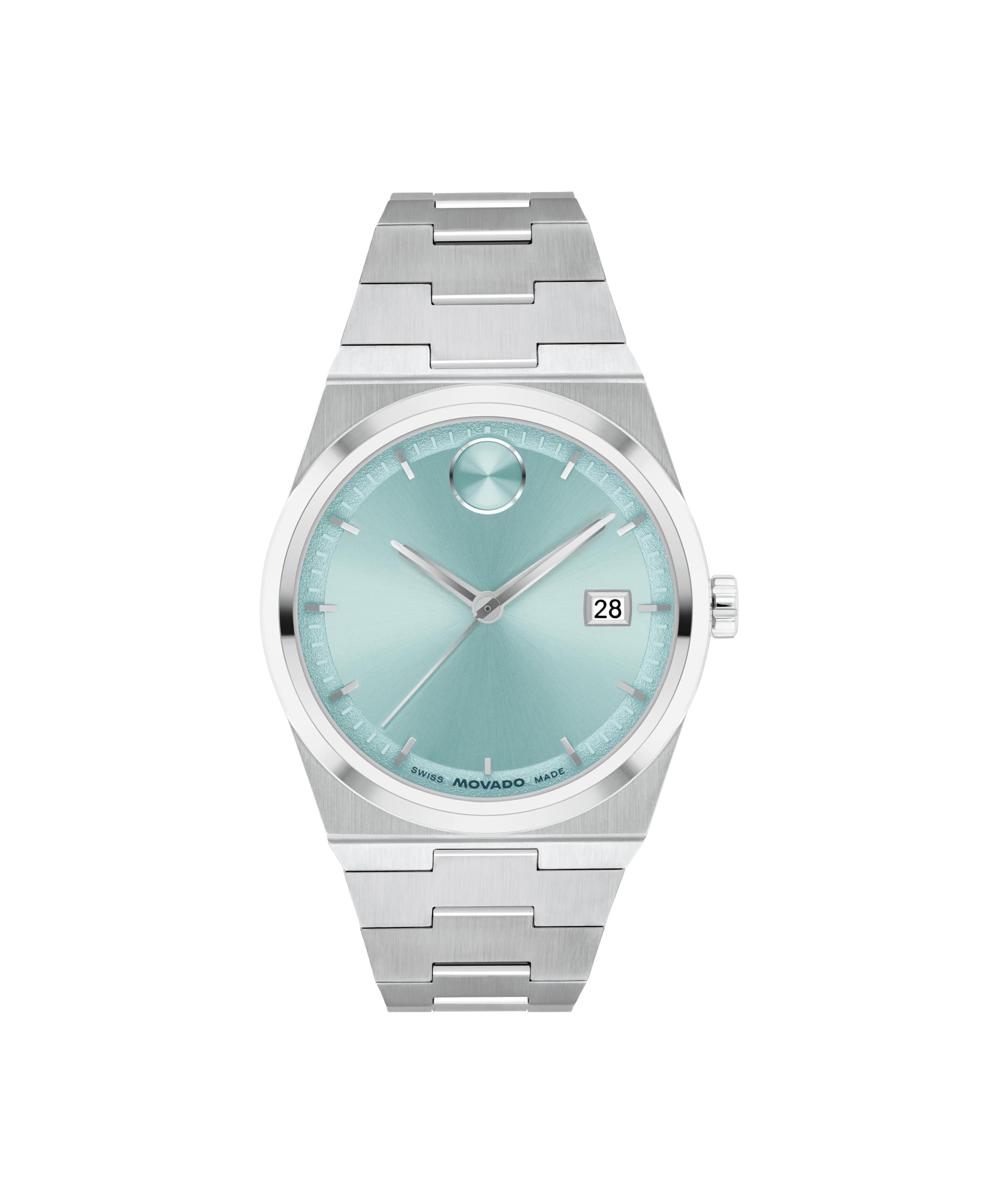 Movado Women's Bold Quest 35mm Watch, Seafoam Blue Sunray Dial, Swiss Quartz Movement, Stainless Steel Case and Bracelet, Date Window, Signature Dot, Modern Luxury Design
