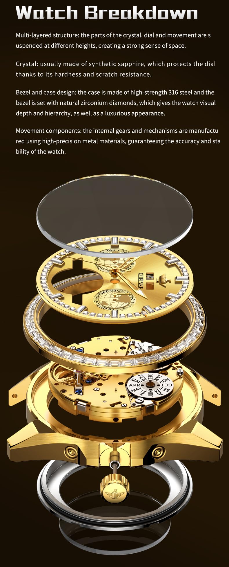 OUPINKE Mens Automatic Watches Gold Diamond Luxury Dress Self Winding Mechanical Sapphire Crystal Luminous Waterproof Mens Wrist Watch