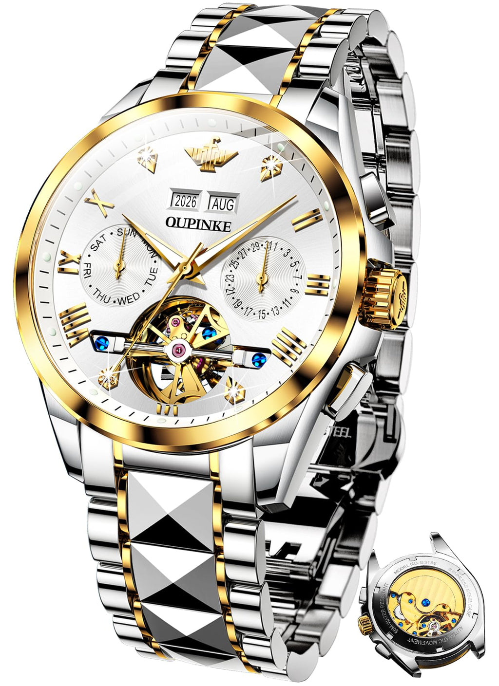 OUPINKE Mens Automatic Watch Diamond Skeleton Mechanical Self Winding Luxury Dress Wrist Watch Sapphire Crystal Tungsten