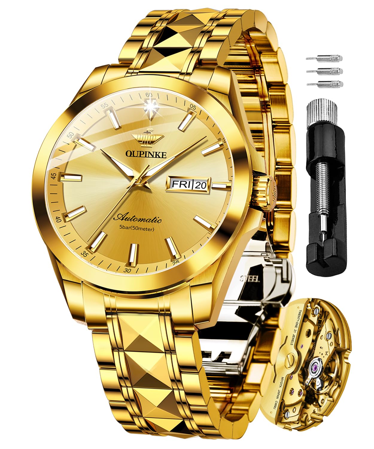 OUPINKE Mens Automatic Watches Gold Diamond Luxury Dress Self Winding Mechanical Sapphire Crystal Luminous Waterproof Mens Wrist Watch