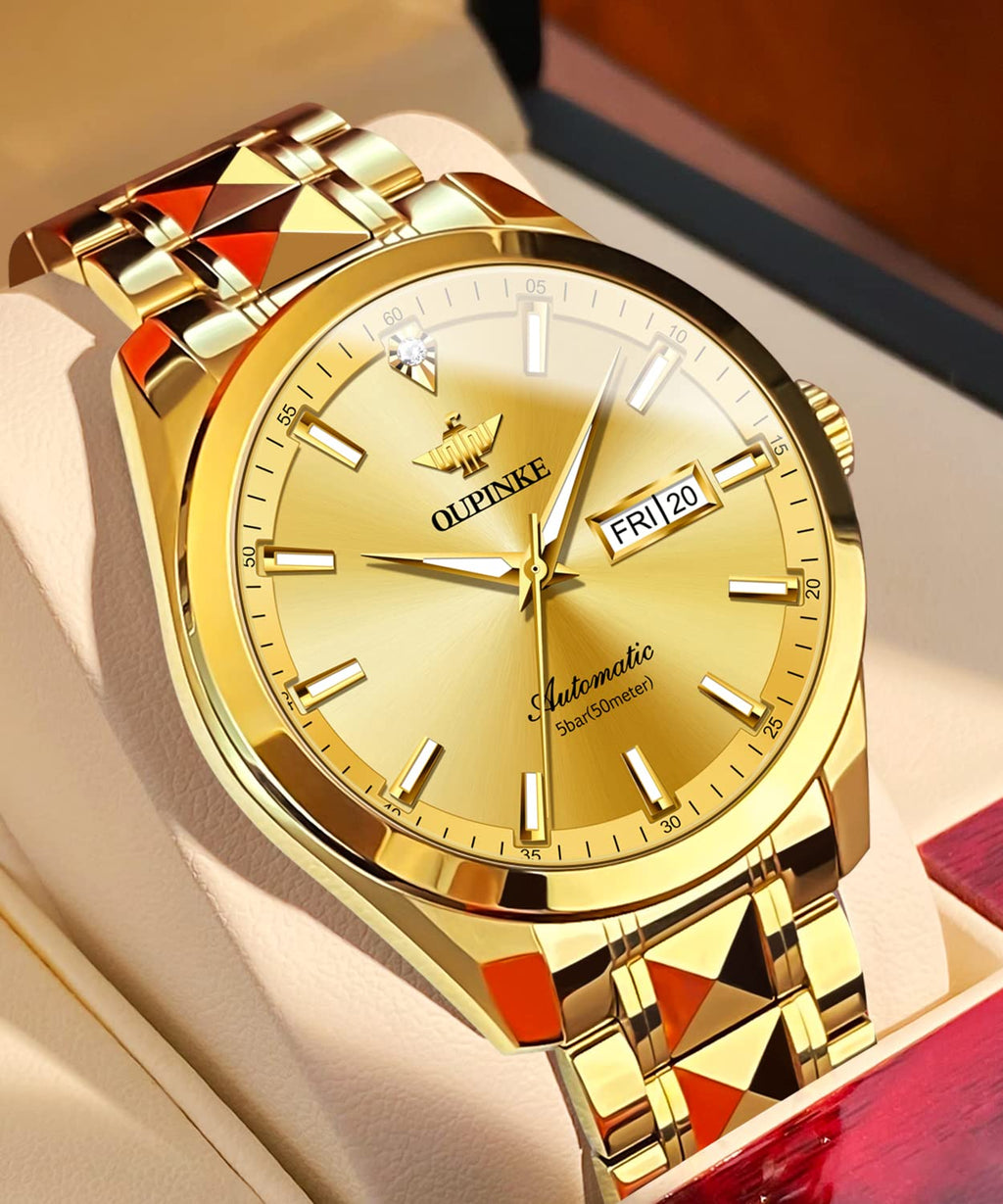 OUPINKE Mens Automatic Watches Gold Diamond Luxury Dress Self Winding Mechanical Sapphire Crystal Luminous Waterproof Mens Wrist Watch