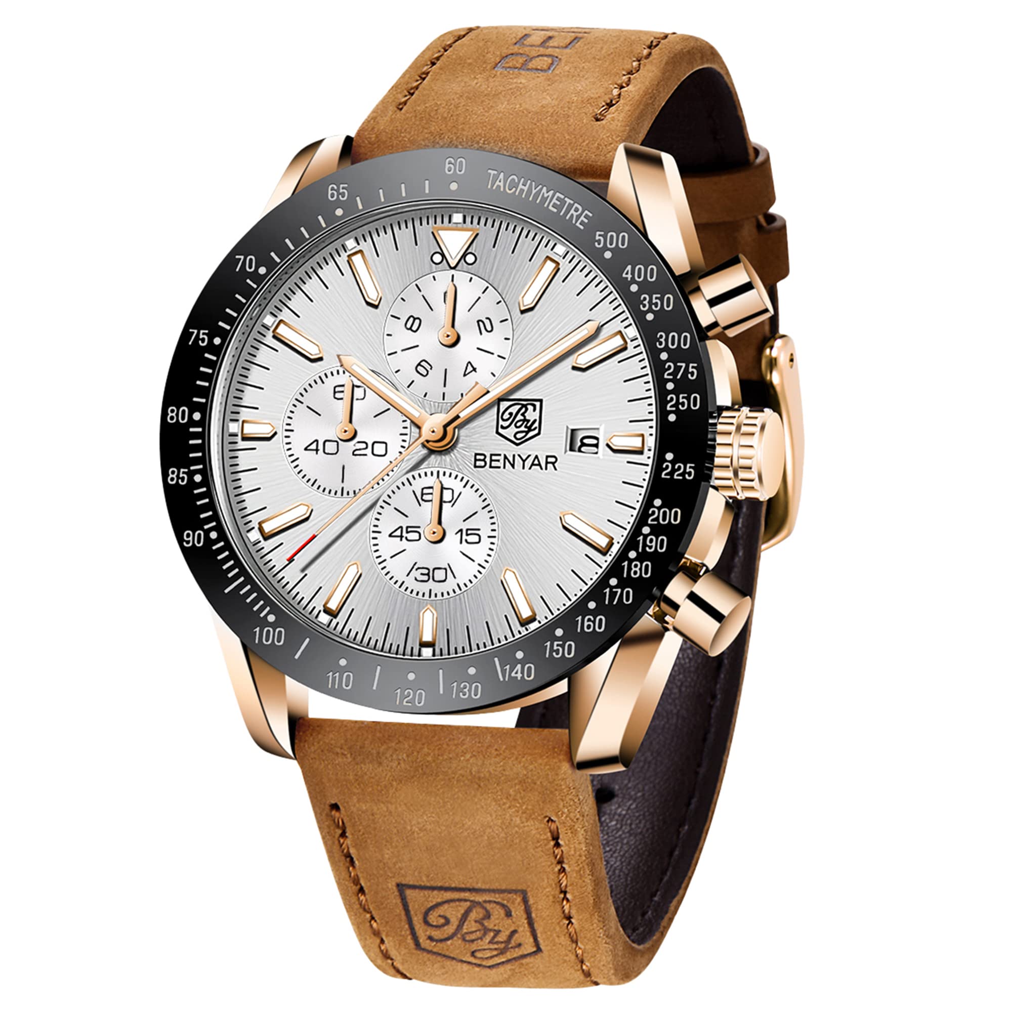 BENYAR Mens Watches Quartz Movement Chronograph Leather Strap Fashion Business Sport Design 30M Waterproof Scratch Resistant Elegant Gifts for Men
