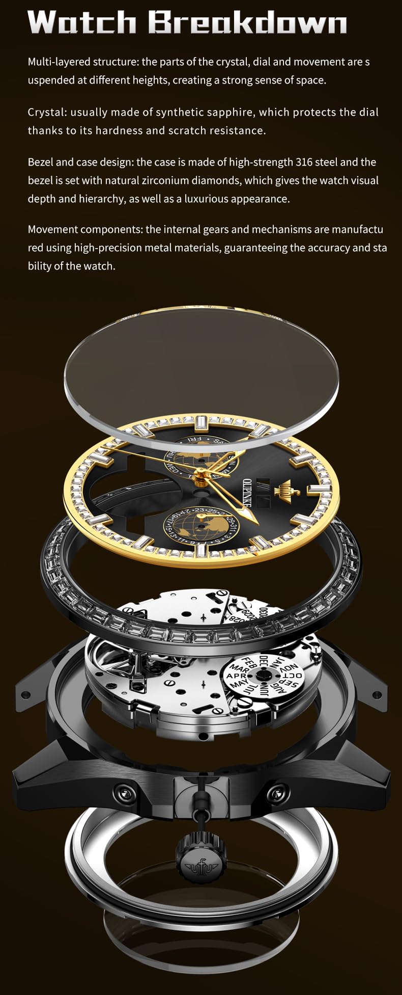 OUPINKE Mens Automatic Watches Gold Diamond Luxury Dress Self Winding Mechanical Sapphire Crystal Luminous Waterproof Mens Wrist Watch