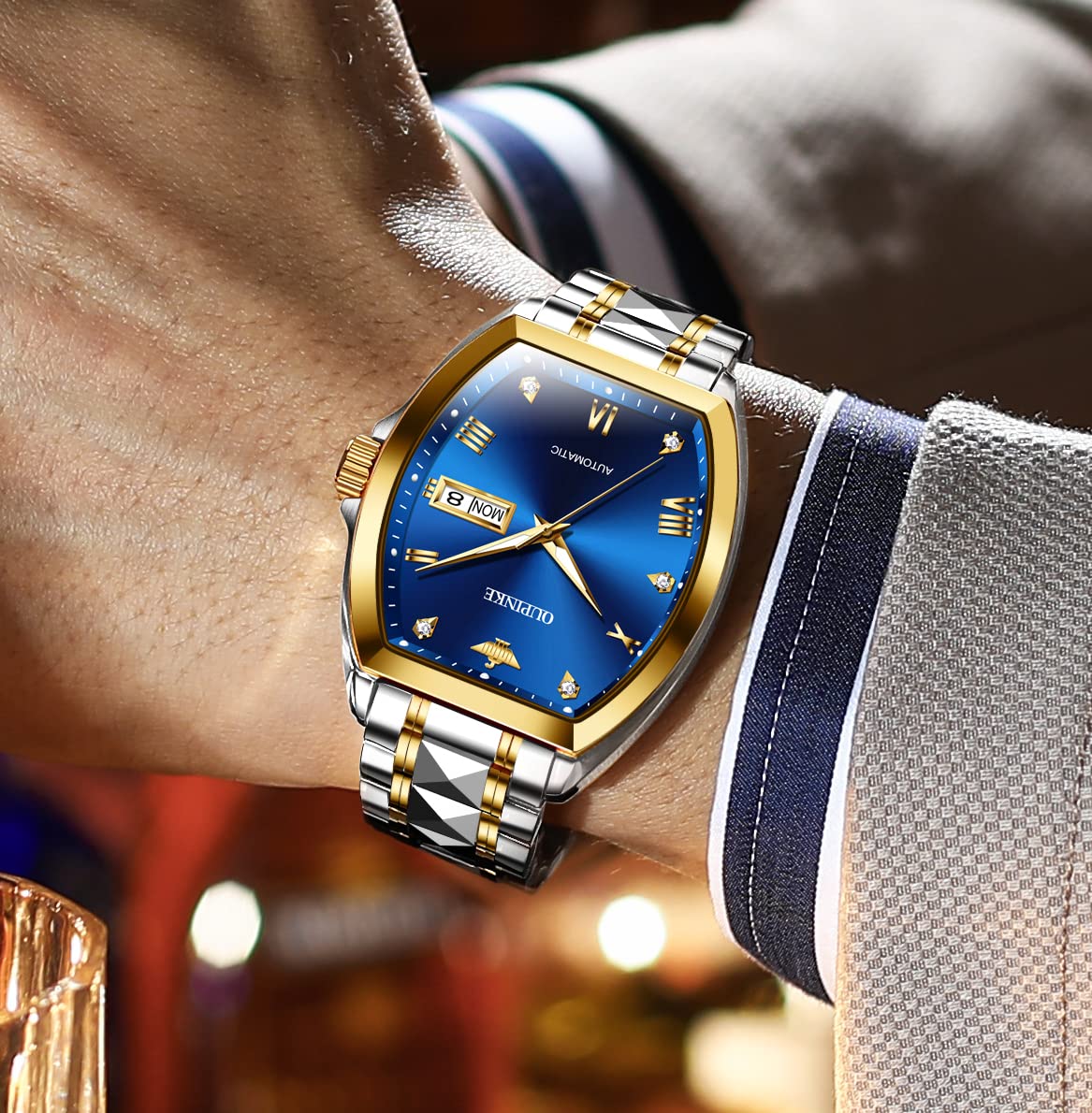 OUPINKE Mens Automatic Watch Diamond Skeleton Mechanical Self Winding Luxury Dress Wrist Watch Sapphire Crystal Tungsten