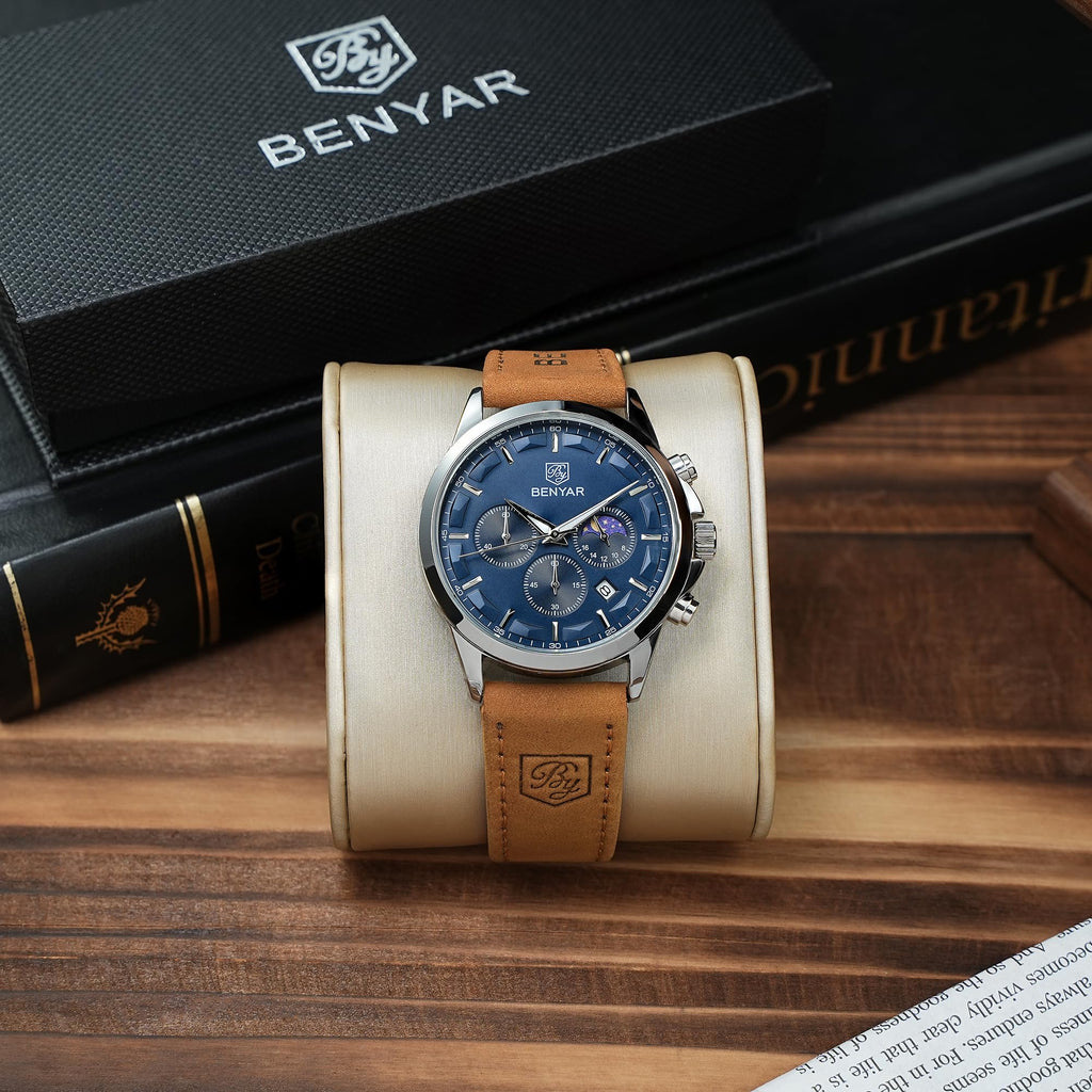 BY BENYAR Mens Watches Analog Quartz Chronograph Waterproof Wrist Watches for Men Fashion Business Work Casual Sport Designer Dress Watch with Calendar Elegant Gifts for Men