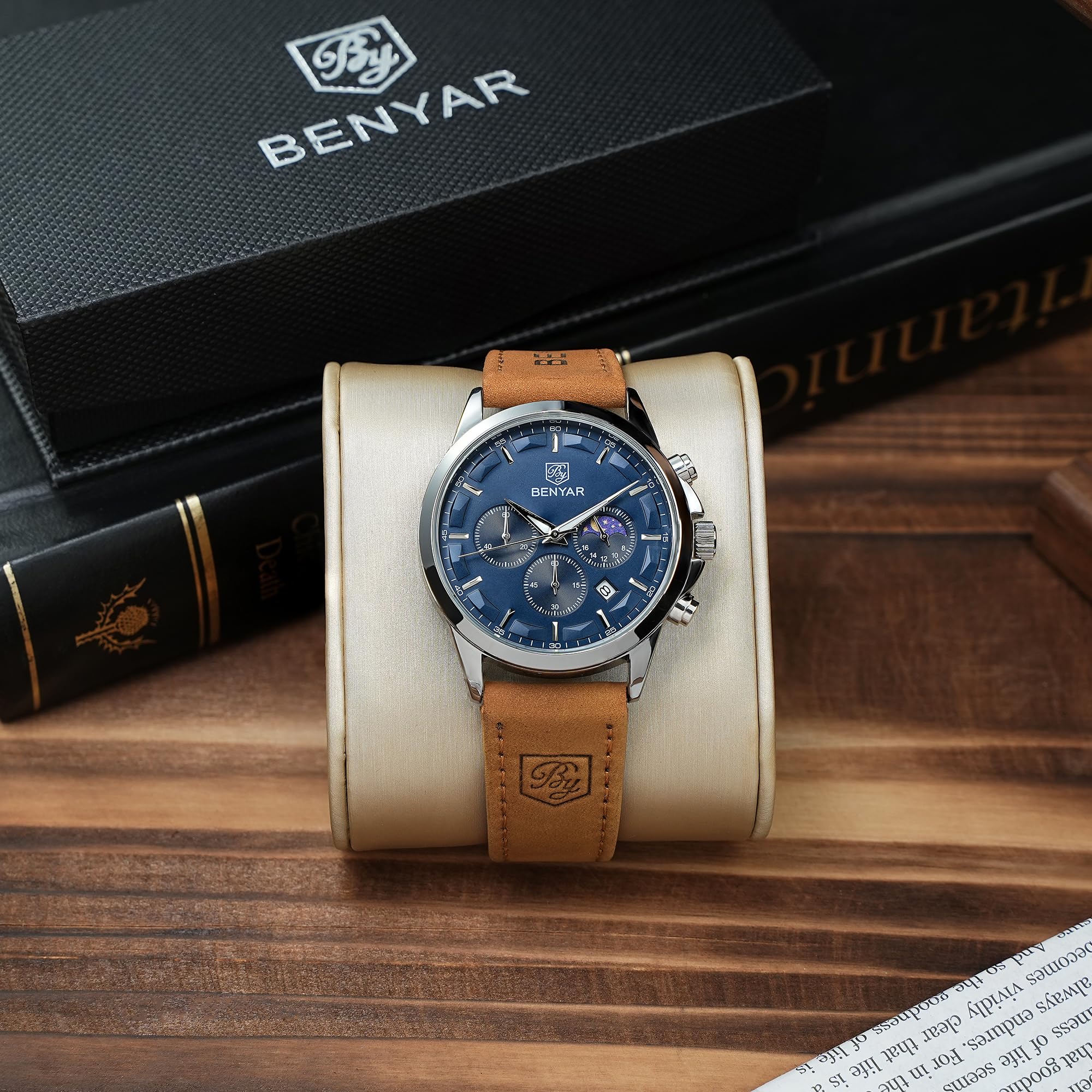 BY BENYAR Mens Watches Analog Quartz Chronograph Waterproof Wrist Watches for Men Fashion Business Work Casual Sport Designer Dress Watch with Calendar Elegant Gifts for Men
