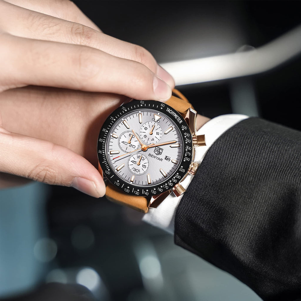 BENYAR Mens Watches Quartz Movement Chronograph Leather Strap Fashion Business Sport Design 30M Waterproof Scratch Resistant Elegant Gifts for Men